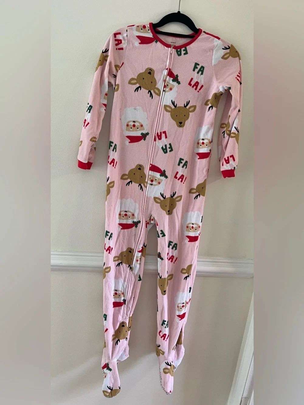 Pink Holiday Onesie Pajamas with Reindeer & Santa Print